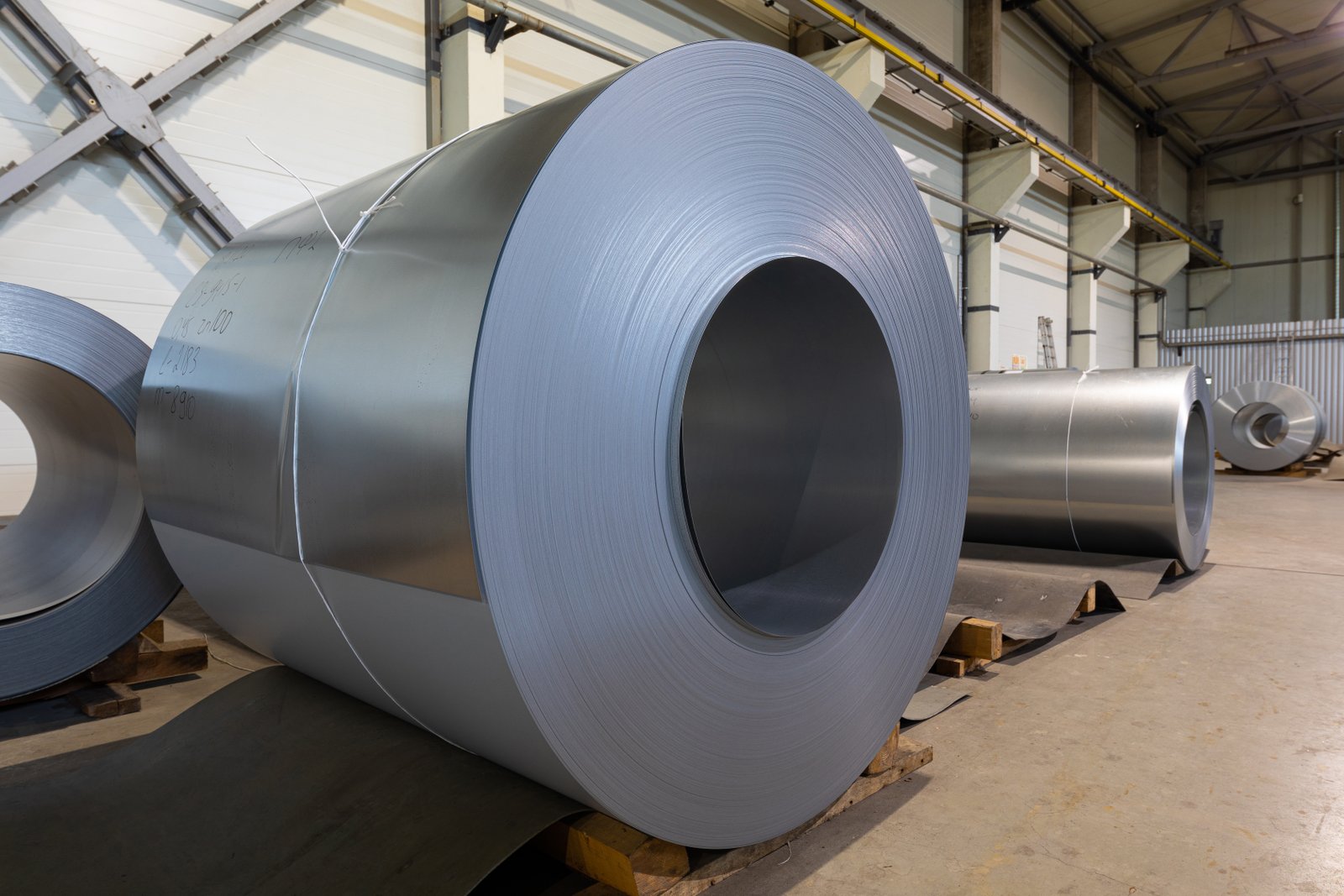 Large stainless steel coils stored in annealing facility, featuring even edge winding and ready for high-precision treatment.