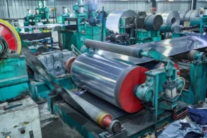 Close-up of metal processing machine with shiny rolls in a factory setting